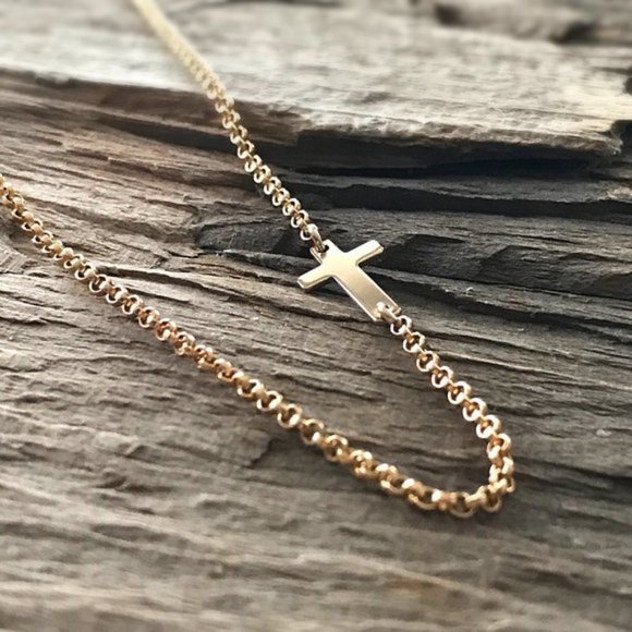 Gold Sideways Cross Necklace - 18 Inches - Picture 4 of 7